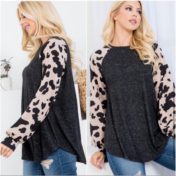 LAST ONE: USA made women’s cow animal print hacci soft brushed long sleeve top - Picture 3 of 3